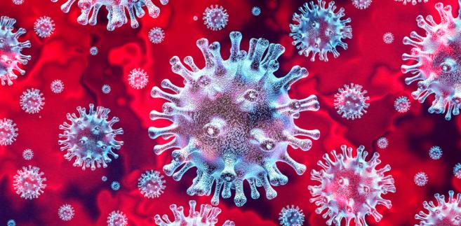 obrazek wyłącznie dekoracyjny przedstawiający komórkę wirusa na czerwonym tle